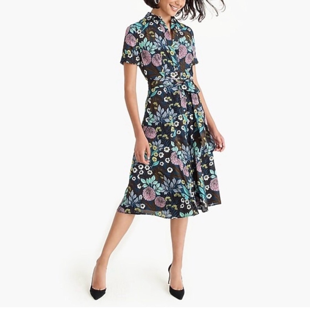 Abigail Borg x J.Crew Midnight Prarie Midi Shirt Dress with Pink and Blue Blooms